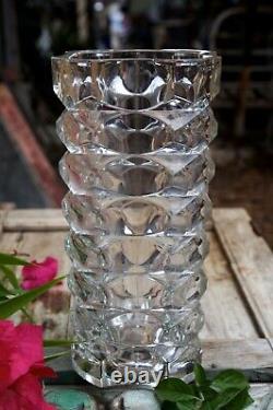 Large Vintage Cubist Geometric Art Deco Style Cut Glass Vase France 9-3/4