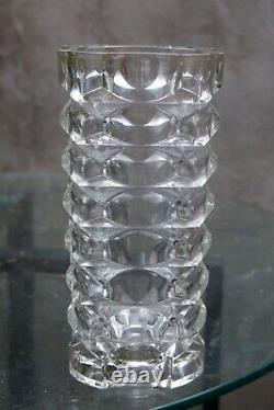 Large Vintage Cubist Geometric Art Deco Style Cut Glass Vase France 9-3/4