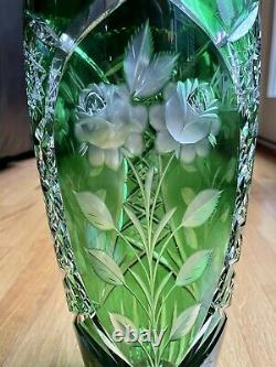 Lausitzer German Crystal 14 Green Cut To Clear Bohemian Rose Etched Vase