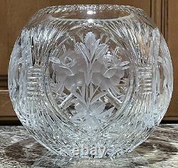Lausitzer Germany Crystal Round Vase Large Rose Bowl Flowers Wheat Sheaf Glass