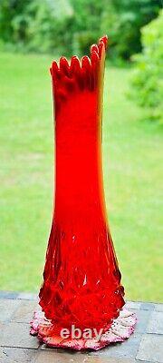 Le Smith Red Swung Vase Large 21.5 Tall Diamond Cut Base Handblown Art Glass