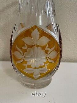 Likely Bohemian Clear & Amber Cut Glass Vase with Floral Design