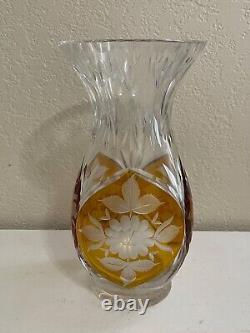 Likely Bohemian Clear & Amber Cut Glass Vase with Floral Design