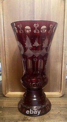 Lobmyer 1920's Ruby Red Cut Etched Glass Vase Large Heavy 11-3/4 Tall