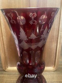 Lobmyer 1920's Ruby Red Cut Etched Glass Vase Large Heavy 11-3/4 Tall