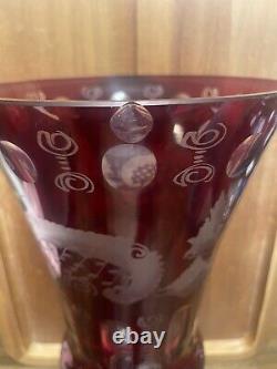 Lobmyer 1920's Ruby Red Cut Etched Glass Vase Large Heavy 11-3/4 Tall