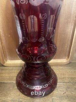 Lobmyer 1920's Ruby Red Cut Etched Glass Vase Large Heavy 11-3/4 Tall