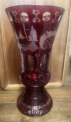 Lobmyer 1920's Ruby Red Cut Etched Glass Vase Large Heavy 11-3/4 Tall