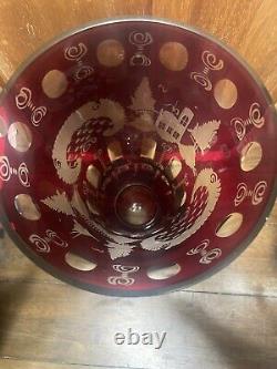 Lobmyer 1920's Ruby Red Cut Etched Glass Vase Large Heavy 11-3/4 Tall