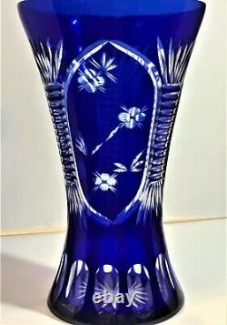 Lovely Deep Cobalt Blue Glass Cut to Clear Vase Ribbed Flowers Wheat 11 x 6.5