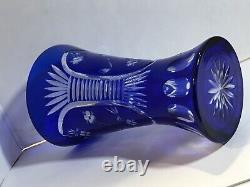 Lovely Deep Cobalt Blue Glass Cut to Clear Vase Ribbed Flowers Wheat 11 x 6.5