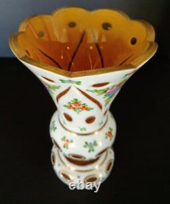 MOSER Amber Cut Cased, White Engraved Tall Beautiful Heavy Designed Vase 1930's