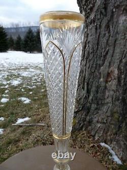 MOSER Bohemian 12.5 CUT GLASS CRYSTAL TRUMPET BUD VASE 24k Gilded Gold Trim