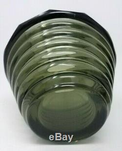 MOSER Heavy Cut Polished Glass Faceted Vase withConcentric Rings Smoky-Green