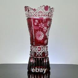 Meissen 24% Lead Crystal Vase Ruby Red Cut To Clear Etched Floral German