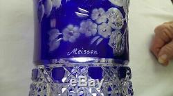 Meissen Crystal Cut To Clear Layered Cobalt Blue Signed Bohemian Glass Vase MINT