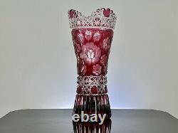 Meissen German Ruby Red Cut To Clear 24% Lead Crystal Etched Floral Vase