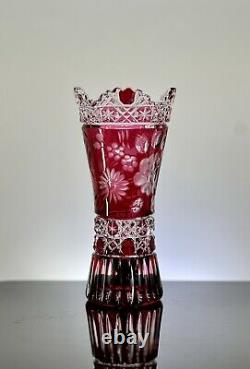 Meissen German Ruby Red Cut To Clear 24% Lead Crystal Etched Floral Vase
