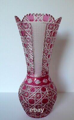 Meissen Meißen Germany Cranberry Cut to Clear Crystal Glass Vase 13 3/4 Label