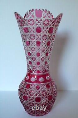 Meissen Meißen Germany Cranberry Cut to Clear Crystal Glass Vase 13 3/4 Label
