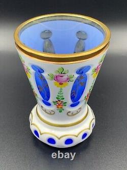 Mid-Century Bohemian Czech Hand Painted Gilt Cut Glass Pokal Goblet Vase c. 1950