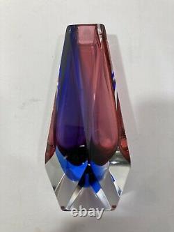 Mid Century Murano Sommerso 6.5 Faceted Cut Glass Vase in Pink Blue & Clear