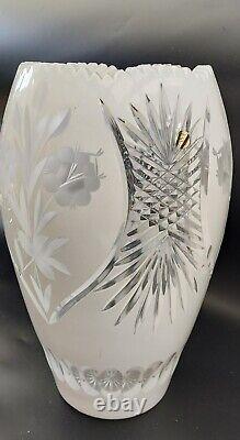 Milk White Vase Hand Cut to Clear Overlay Czech Bohemian Cased, 12
