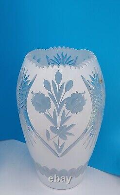 Milk White Vase Hand Cut to Clear Overlay Czech Bohemian Cased, 12