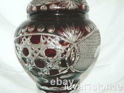 Monumental 20.50 Czech Bohemian Art Glass Red Cut to Clear Vase w Lid