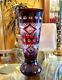 Monumental Bohemian Czech Ruby Red Hand Cut Crystal To Clear Vase 15 3/4 Tall