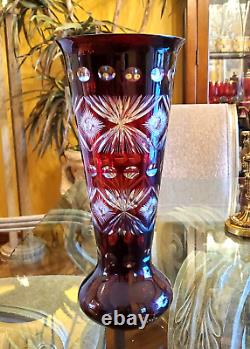 Monumental Bohemian Czech Ruby Red Hand Cut Crystal to Clear Vase 15 3/4 Tall