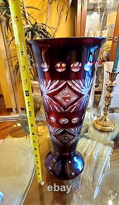 Monumental Bohemian Czech Ruby Red Hand Cut Crystal to Clear Vase 15 3/4 Tall