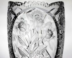 Monumental Lead Crystal Cut Roses and Stars Barrel Vase, Vintage Germany 11 3/4