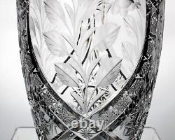Monumental Lead Crystal Cut Roses and Stars Barrel Vase, Vintage Germany 11 3/4