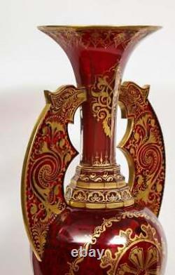 Monumental Pair of Ruby Red Gilt Bohemian Alhambra Cut Glass Vases on Stands
