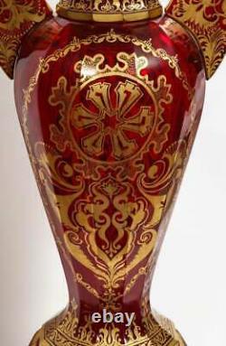 Monumental Pair of Ruby Red Gilt Bohemian Alhambra Cut Glass Vases on Stands