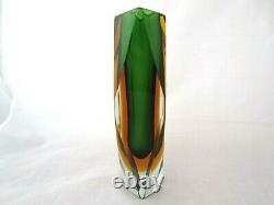 Monumental green and amber facet cut Murano sommerso art glass vase RARE SIZE