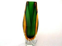 Monumental green and amber facet cut Murano sommerso art glass vase RARE SIZE