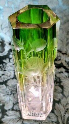 Moser 1895-90 6 Sided Emerald Green Cut To Clear Poppy, Leaves, Vines 11.5 Tall