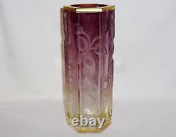 Moser Amethyst Six Sided Cut To Frosted Floral Clear Vase (11 Tall)
