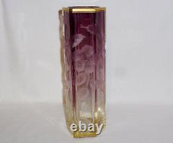 Moser Amethyst Six Sided Cut To Frosted Floral Clear Vase (11 Tall)
