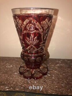 Moser Bohemian Art Glass Ruby Red Cut To Clear Crystal 6 1/2 Tall Vase C. 1940