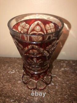 Moser Bohemian Art Glass Ruby Red Cut To Clear Crystal 6 1/2 Tall Vase C. 1940