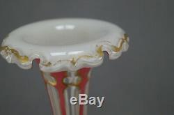 Moser Bohemian Cased Cranberry White Cut to Clear & Gold Gilt Stars Trumpet Vase