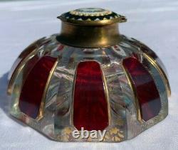 Moser Glass Inkwell Vase Jeweled Red Cabochon Paperweight Enameled Gilt Bohemian