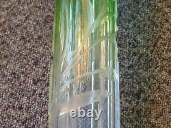 Moser Karlsbad Floral Green Intaglio Cut Art Glass Vase Made in Czechoslovakia