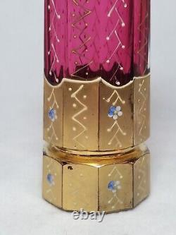 Moser Panel Cut Cranberry Glass Vase With Gilt Floral Enamel 7 1/8