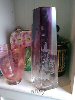 Moser large Intaglio Cut Glass Vase, Amethyst fade to Clear c1900-20