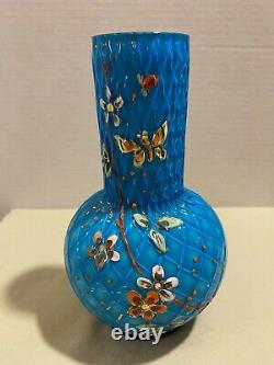 Mount Washington Cut Velvet Diamond Quilted Glossy Enamel Blue Vase Circa 1890's