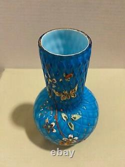 Mount Washington Cut Velvet Diamond Quilted Glossy Enamel Blue Vase Circa 1890's